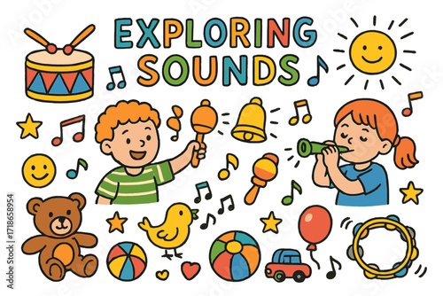 Children's Musical Adventure. Colorful Hand-drawn doodle Children illustration Exploring sounds drum, rattle, bell, whistle,