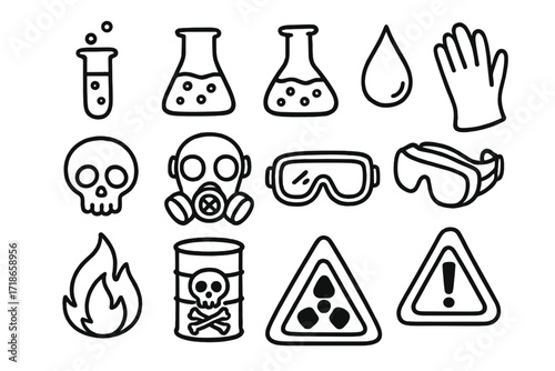 Chemical Safety Icons. Hand-drawn doodle illustration Chemical hazard [test tube, beaker, chemical flask, droplet, skull symbol, gas mask, safety goggles,