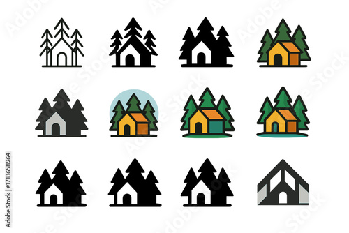 Mindfulness Retreat Logos. Set Logo of Mindfulness practices and meditation retreats: Forest meditation hut. Logo set in vector