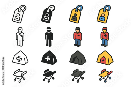 Emergency Icon Set. Icon Set of Emergency Wounds: Arm Sling, Head Bandage, Leg Cast. Icons set in vector style, emblematic variations. Arm Sling line, Arm