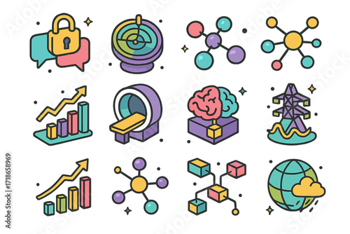 Quantum Icons Collection. Colorful isometric vector icons set of quantum applications: secure message icon, quantum radar, molecular simulator, optimized route