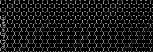 Honeycomb seamless golden geometric pattern on black background.