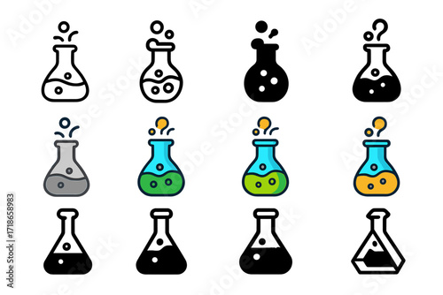 Colorful Flask Logos. Set Logo of Flasks: Flask with bubbling potion and vapor. Logo set in vector style, emblematic variations. line, bold thick line, solid