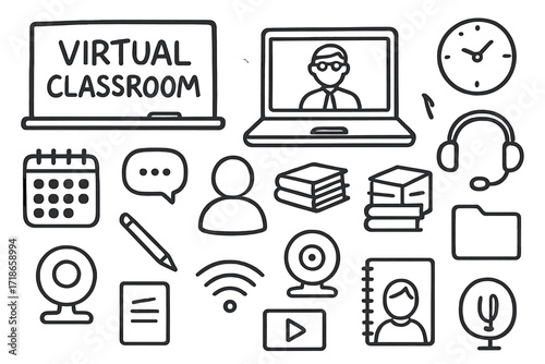 Virtual Classroom Doodle. Hand-drawn doodle illustration Virtual classroom [chalkboard, computer, student icon, calendar, books, chat icon, pen, webcam, video