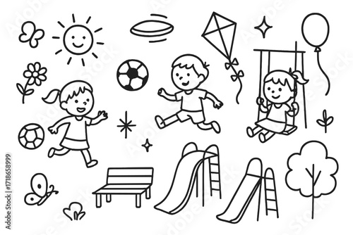 Playful Park Doodles. Hand-drawn doodle illustration Kids’ park adventure [child figures, soccer ball, kite, frisbee, butterfly,