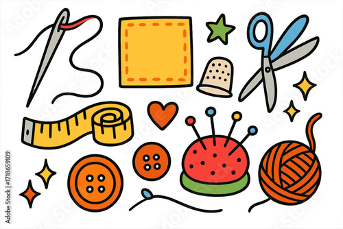 Colorful Sewing Doodles. Sewing. Colorful Hand-drawn doodle Children illustration Sewing needle, thread, fabric, scissors, measuring tape, thimble, button, pin