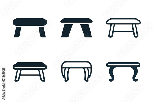 Creative Coffee Table Logos. Interior Design. Set Logo of Interior Design: Coffee table. 6 harmonious logo variations of the same