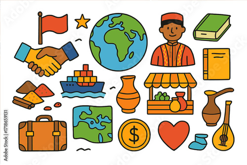Cultural Trade Illustrations. Colorful Hand-drawn doodle Children illustration The role of trade in cultural diversity and exchange globe, handshake, cargo
