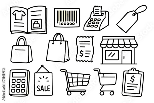 Retail Doodle Icons. Retail. Hand-drawn doodle illustration catalog, shopping bag, barcode, cash register, price tag, receipt, store building, cart,