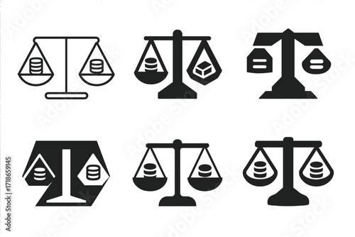 Economic Efficiency Logos. Economic efficiency. Set Logo of Economic efficiency: balanced scale with coins. 6 harmonious logo