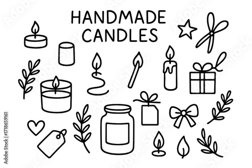Handmade Candle Doodles. Handmade Candles. Hand-drawn doodle illustration handmade candles jar, wax, wick, scissors, matchstick, flame, ribbon, star, heart,