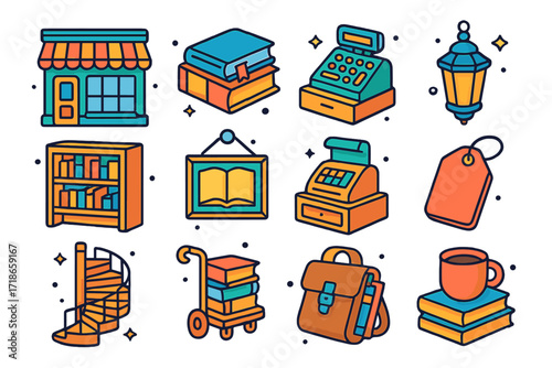 Vintage Bookstore Icons. Colorful isometric vector icons set of vintage bookstores: storefront facade, book piles, cash register, hanging lantern, wooden