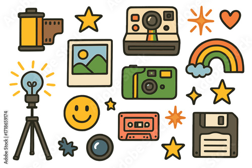 Colorful Photography Doodles. Colorful Hand-drawn doodle Children illustration Analog Photography [film roll, Polaroid camera, disposable camera, photo print,