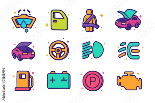 Vehicle Dashboard Icon Set. Colorful isometric vector icons set of vehicle dashboard warning symbols: low washer fluid light, door open alert, seatbelt