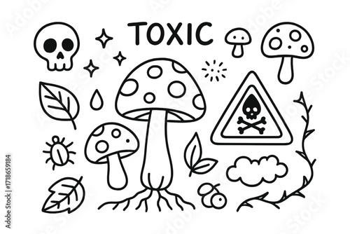 Toxic Mushroom Doodle. Hand-drawn doodle illustration Toxic mushrooms [mushroom cap, stem, spore, leaf, droplet, skull, warning sign, sparkle, star, bug,