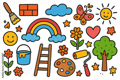 Colorful Doodle Mural. Colorful Hand-drawn doodle Children illustration Drawing a mural paintbrush, wall, paint bucket, rainbow, ladder, smiley face, cloud,