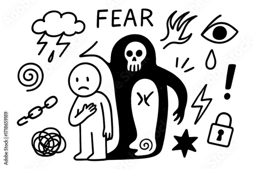 Fear and Shadows. Hand-drawn doodle illustration Fear shadow [human figure, shadow, storm swirl, skull, eye, claw, broken chain, spiral, cloud, lightning,