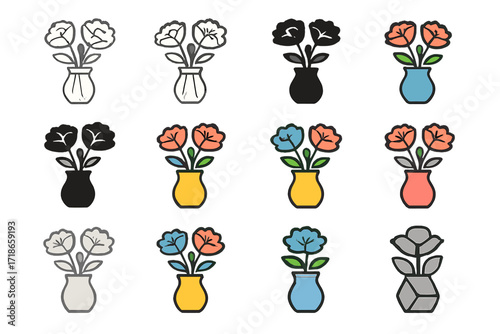 DIY Flower Logo Grid. Set Logo of Kids Making Tissue Paper Flowers: Decorative vase with DIY flowers. Logo set in vector style, emblematic variations. line,