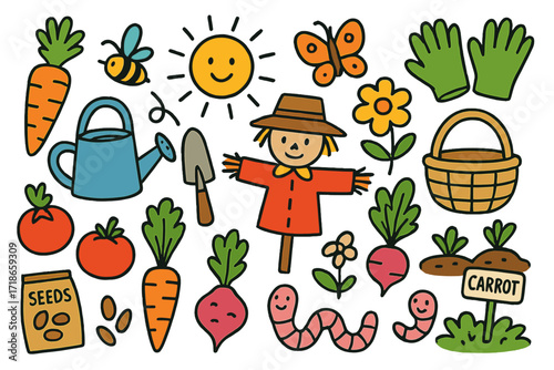 Garden Doodle Fun. Colorful Hand-drawn doodle Children illustration Garden patch carrot, tomato, radish, watering can, trowel, seed packet, gloves, sun,