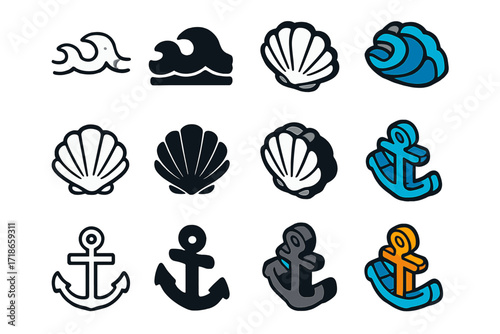 Ocean Themed Icon Set. Icon Set of Low Tide: Ocean waves, Seashell, Anchor. Icons set in vector style, emblematic variations.