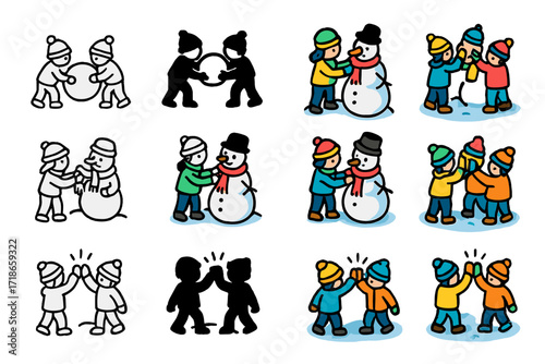 Snow Fun Icon Set. Icon Set of Friends building snowman: two kids lifting snowball, friends adding scarf, high five in snow. Icons set in vector style,