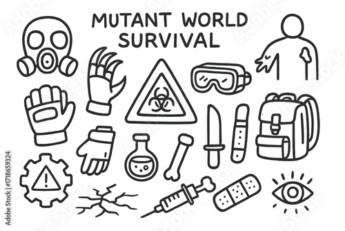 Mutant Survival Icons. Hand-drawn doodle illustration Mutant world survival [mask, claw, mutation icon, glove, goggles, backpack, warning sign, potion, gear,