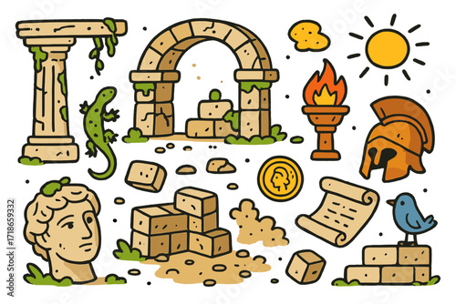 Ancient Ruins Doodle. Colorful Hand-drawn doodle Children illustration Ancient ruins crumbling columns, broken arch, stone blocks, vines, moss, torch, ancient