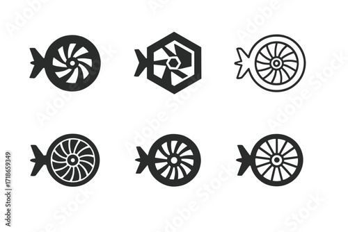 Diverse Airline Logos. Airlines. Set Logo of Airlines: Jet engine. harmonious logo variations of the same emblematic concept, each with different artistic