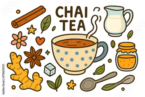 Chai Tea Doodle. Chai tea. Colorful Hand-drawn doodle Children illustration teacup, cinnamon stick, star anise, ginger root, cardamom pod, sugar cube, milk