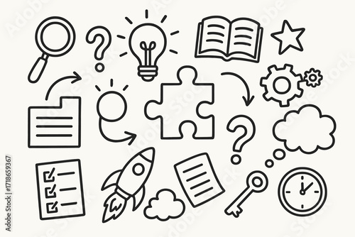 Creative Problem Solving Icons. Hand-drawn doodle illustration creative problem solving puzzle piece, magnifying glass, question