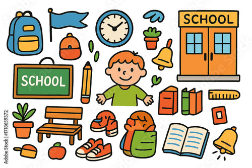School Essentials Doodle. Colorful Hand-drawn doodle Children illustration Minimal school entrance school door, chalkboard sign, backpack, lunchbox, pencil,
