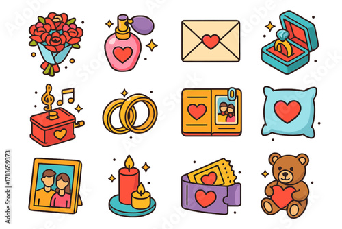 Romantic Gift Icons. Colorful isometric vector icons set of romantic couple gifts: flower bouquet, perfume bottle, love letter,