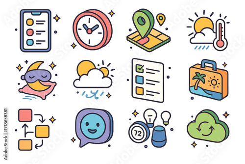 Colorful Climate Icons. Colorful isometric vector icons set of climate automation scenarios: app automation rules, time-based