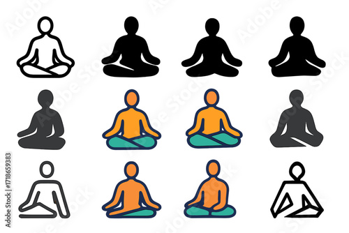 Dopamine Detox Logos. Set Logo of Dopamine Detox from Screens: Yoga pose silhouette. Logo set in vector style, emblematic variations. line, bold thick line,