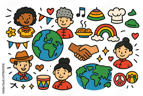 Global Culture Celebration. Colorful Hand-drawn doodle Children illustration Global cultural day globe, children in costumes, flag garland, food tray, music