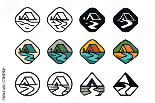 River Rafting Logo Grid. Set Logo of river rafting adventure: bird?s eye view of campsite. Logo set in vector style, emblematic variations. line, bold thick