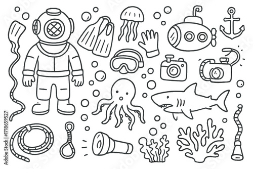 Underwater Adventure Icons. Hand-drawn doodle illustration deep sea diving diver suit, oxygen tank, fins, mask, gloves, underwater camera, submarine,