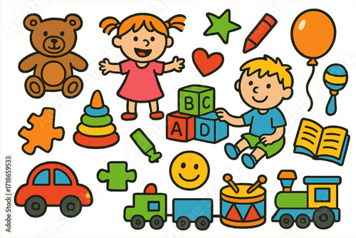 Kids' Toy Wonderland. Colorful Hand-drawn doodle Children illustration Playing with toys teddy bear, stacking rings, toy blocks, ball, puzzle piece, car,