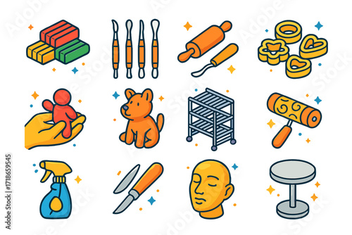 Clay Modeling Icons. Colorful isometric vector icons set of clay modeling for design: colored clay blocks, metal sculpting tools,