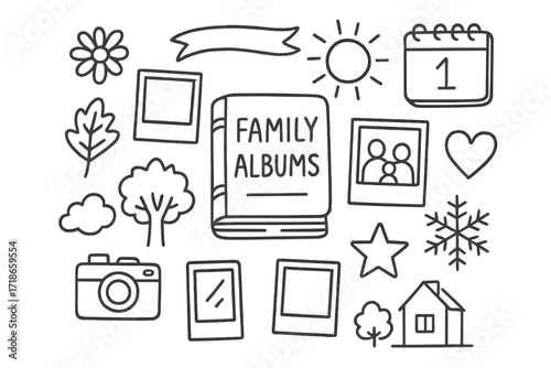 Seasonal Family Doodles. Hand-drawn doodle illustration Seasonal family albums [spring flower, summer sun, autumn leaf, winter snowflake, family silhouette,