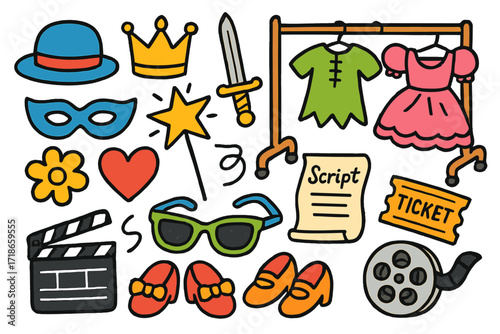 Colorful Theater Props. Props and costumes. Colorful Hand-drawn doodle Children illustration hat, crown, sword, star, mask, flower