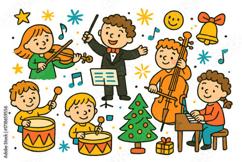 Festive Children?s Orchestra. Colorful Hand-drawn doodle Children illustration Orchestra Holiday Show [conductor, violin, trumpet, cello, drum, piano, music