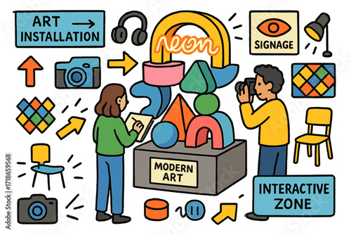Modern Art Installation. Colorful Hand-drawn doodle Children illustration Modern Art Installation abstract shapes, 3D forms, sculpture, neon lights, display