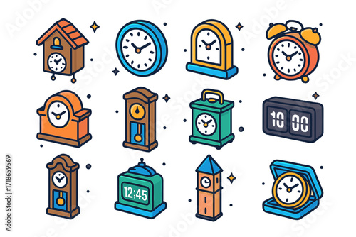 Vibrant Clock Collection. Clocks. Colorful isometric vector icons set of clocks: cuckoo clock, wall clock, table clock, alarm clock, mantel clock, pendulum