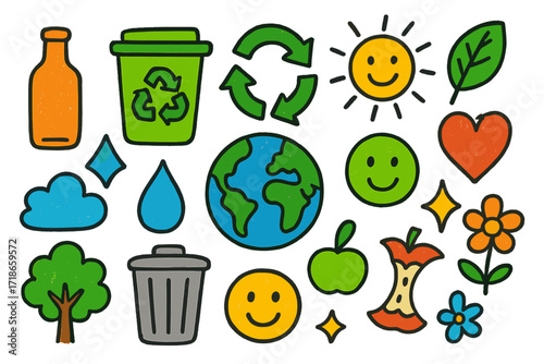 Glass Recycling Doodle. Colorful Hand-drawn doodle Children illustration glass recycling glass bottle, recycling bin, green arrow symbol, earth, heart, sun,