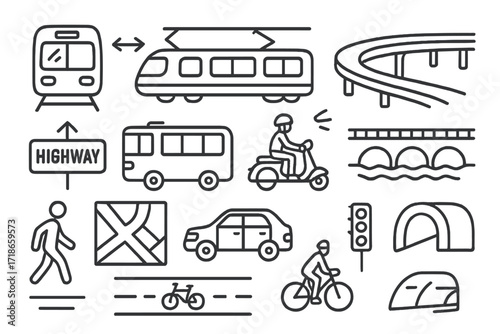 Urban Transport Doodle. Hand-drawn doodle illustration Urban transportation development subway, train, tram, bus, road, highway sign, city map, car, scooter,