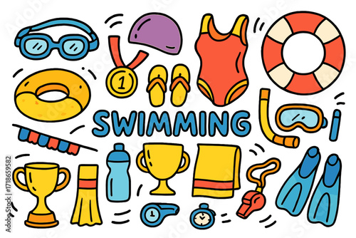 Swimming Essentials Icons. Swimming. Colorful Hand-drawn doodle Children illustration Swimming goggles, swim cap, swimsuit, float, whistle, stopwatch, towel,