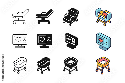 Maternity Ward Icons. Icon Set of Hospital Maternity Ward: Delivery bed, Heart monitor, Baby bassinet. Icons set in vector style, emblematic variations.