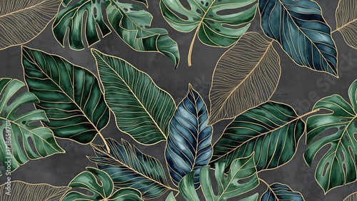 An artistic arrangement of various tropical leaves in shades of green and blue, outlined with golden lines, against a dark gray textured background.