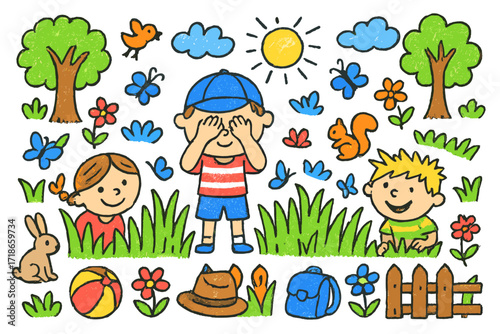 Playful Field Adventure. Colorful Hand-drawn doodle Children illustration Playing Hide and Seek in the Fields tall grass, trees, children hiding, butterflies,